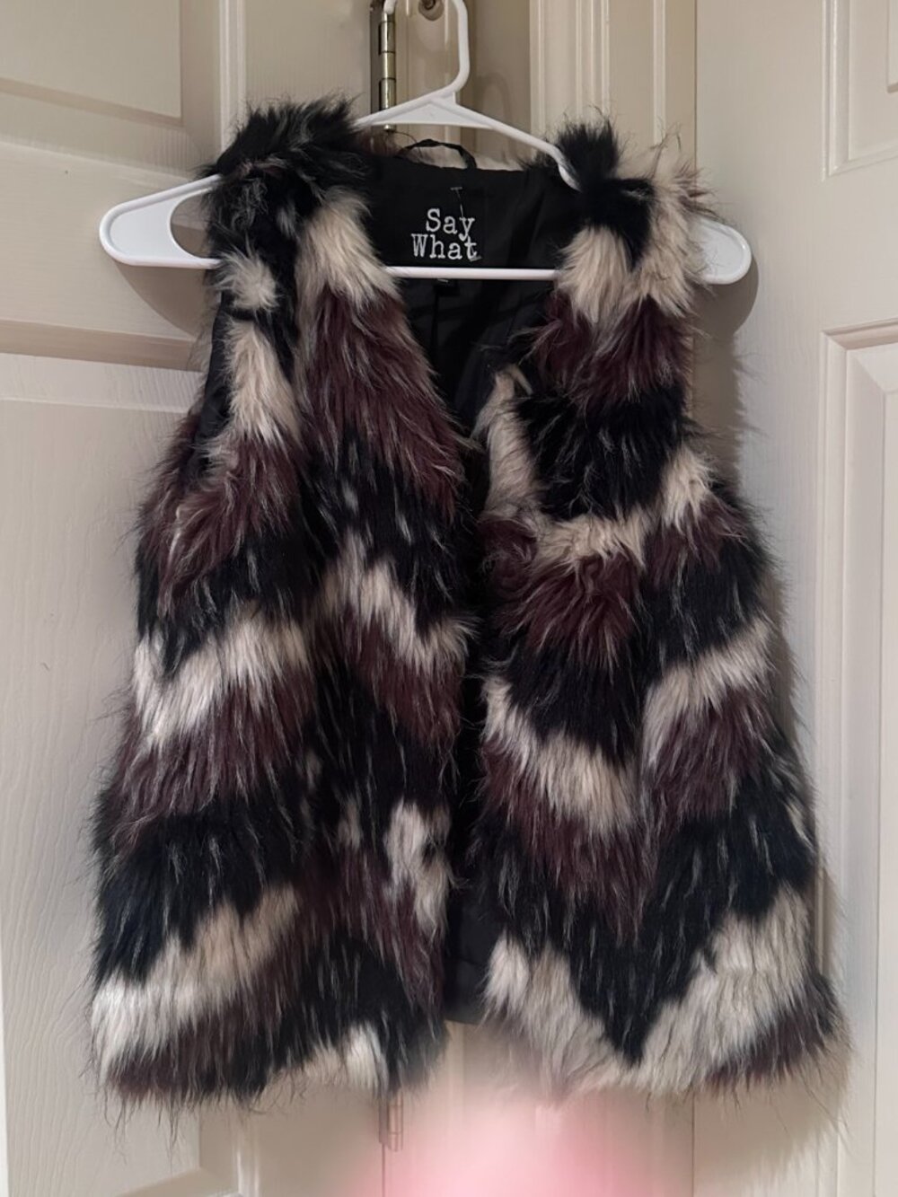 Say What? Faux Fur Vest in Brown, Beige, Black Chevron Colorblock Pattern